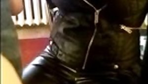 Cumshot on Sexy Girl in Leather Outfit